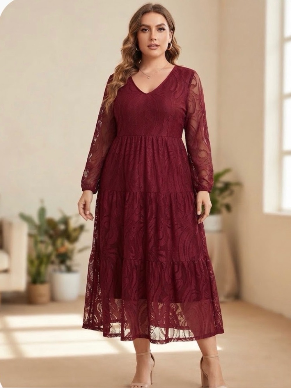BloomChic Burgundy Lace Long Sleeve Tiered Midi Dress